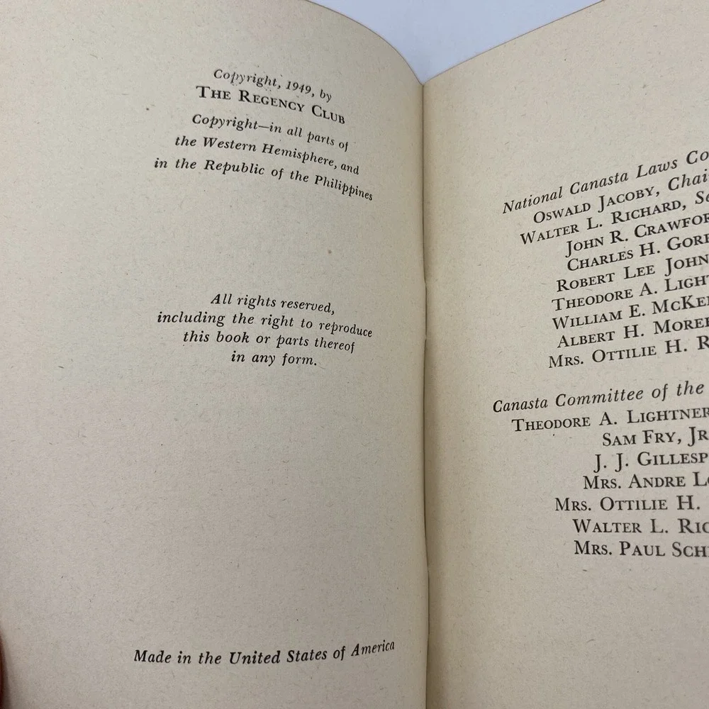 Official Canasta Laws Regency Club + National Commission 1950 Edition Booklet
